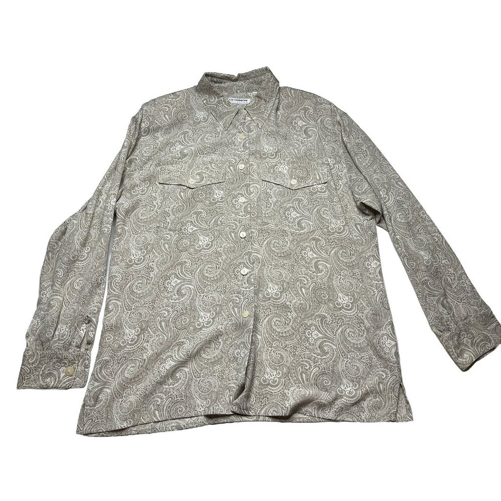 Liz Claiborne Collection Cream With Brown Paisley Pattern Button Down Size 10